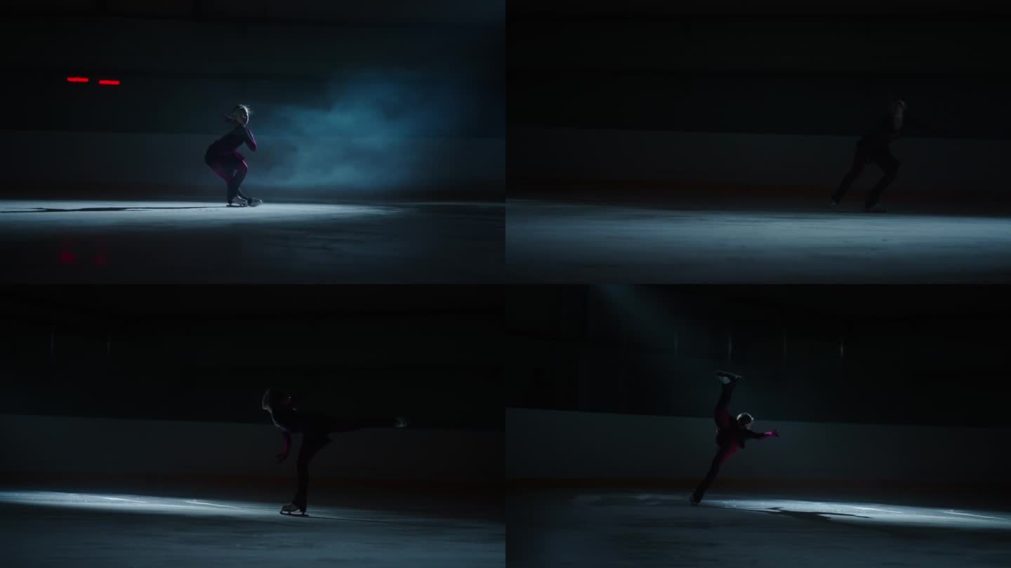 专业冰上表演，优雅的女人独自在冰上跳舞在黑暗中，剪影拍摄，慢动作