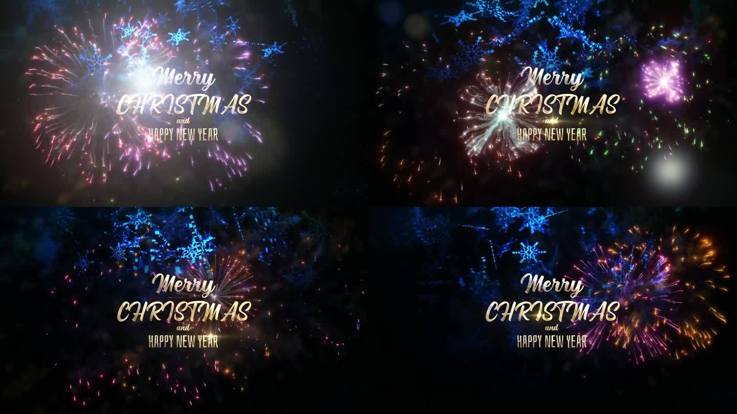 圣诞快乐，新年快乐金色文字与下降辉光雪花和耀光烟花电影标题背景。新年快乐2024冬光。节日背景概念。