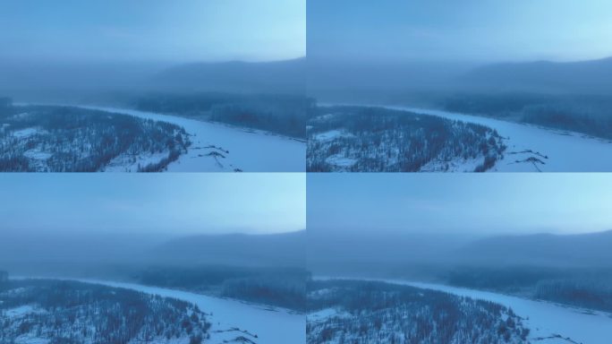 黎明林海雪原蓝色冻雾