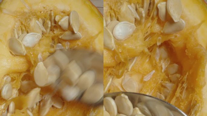 垂直视频。我用勺子舀出北海道南瓜的种子，而镜头则在特写镜头中向前移动。