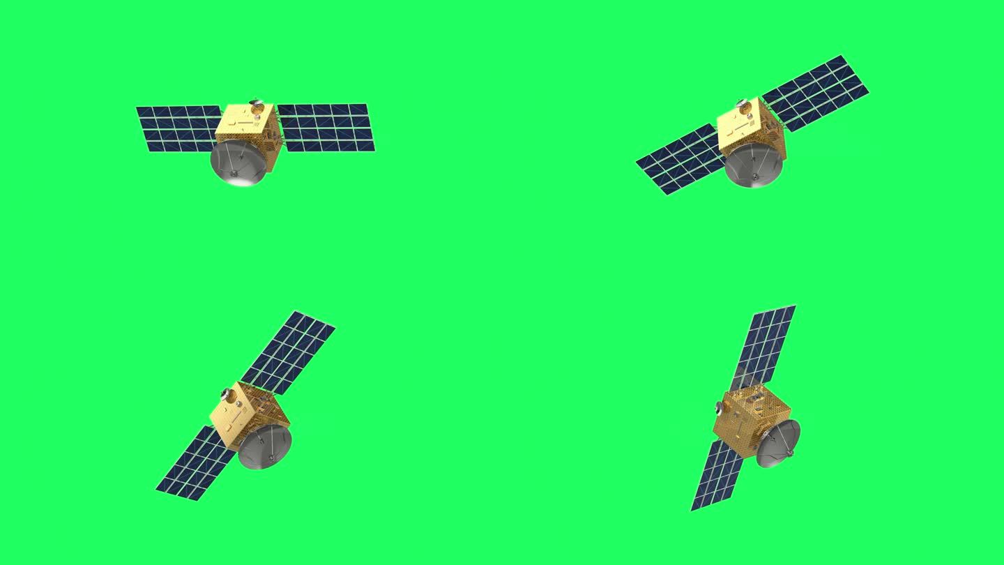 绿色屏幕上有太阳能电池板的卫星天线