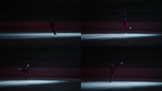 有动力的女运动员在冰场上，女子花样滑冰运动员在慢动作中跳跃，电影镜头