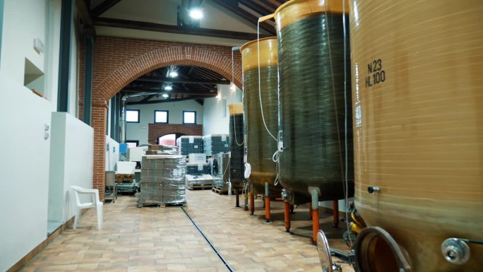 葡萄酒仓库。酒厂。酒庄内的大酒桶。用于葡萄酒发酵的大罐或桶。葡萄酒生产设备。酒精发酵筒仓。