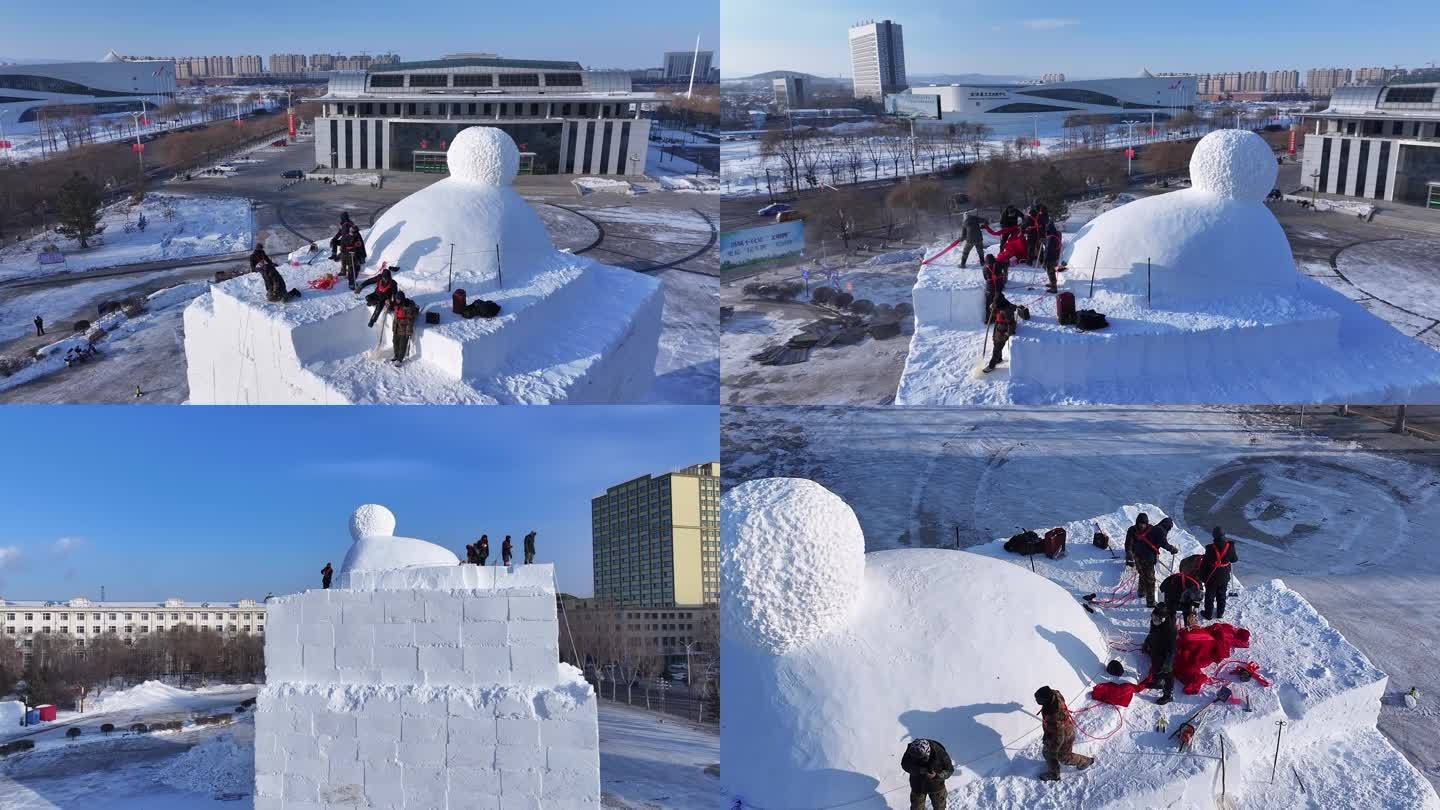 冰雪节雪雕工人工作中