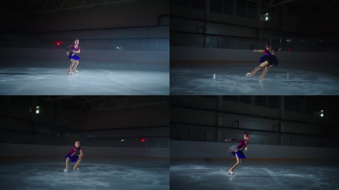 小女孩花样滑冰赛前训练，滑冰运动员在冰场上的剪影