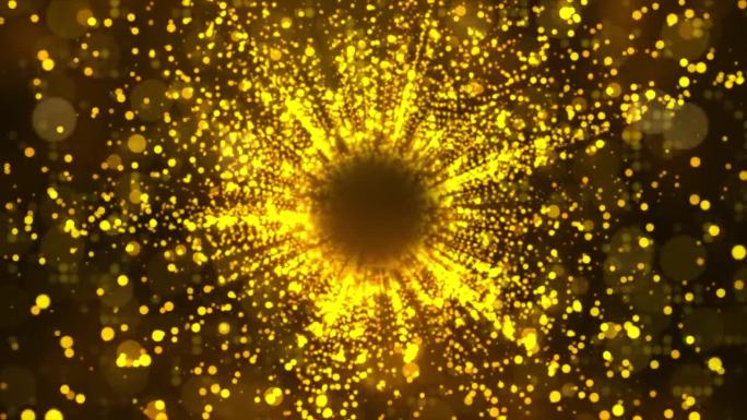 放大金色闪烁的粒子运动背景与中心闪烁的光