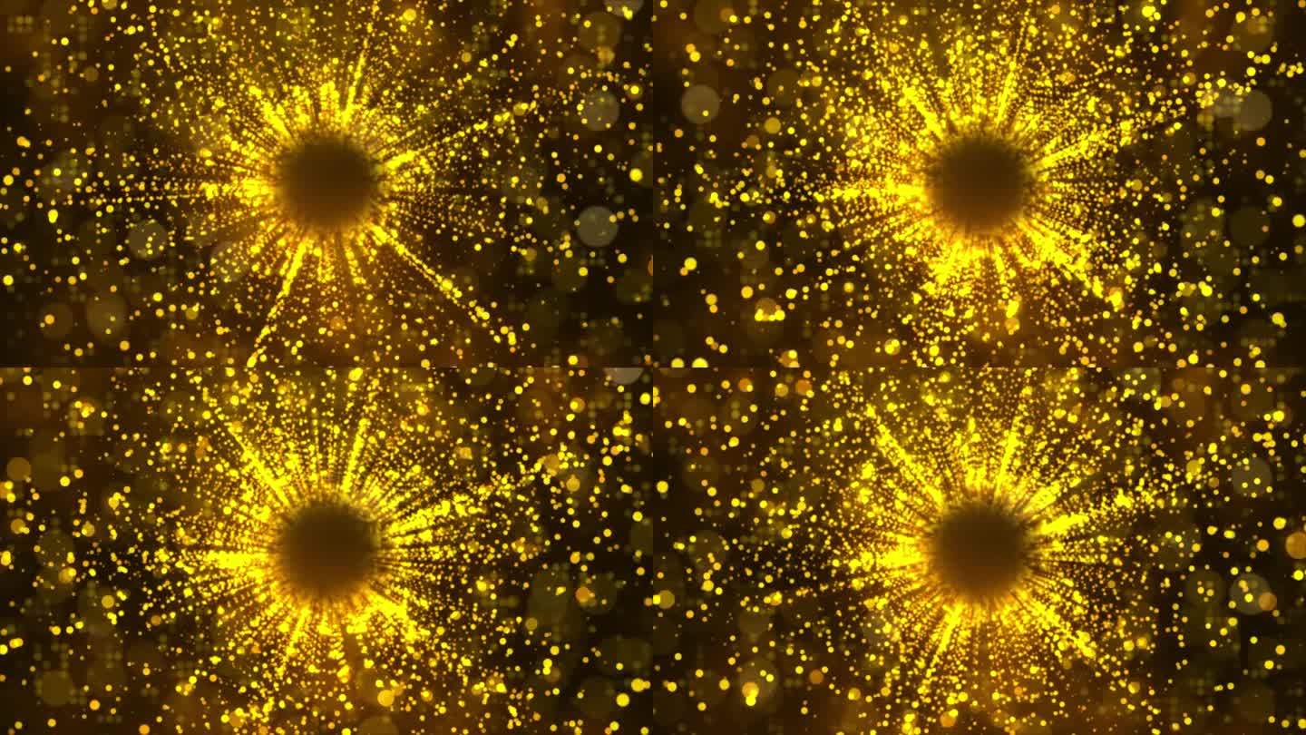 放大金色闪烁的粒子运动背景与中心闪烁的光