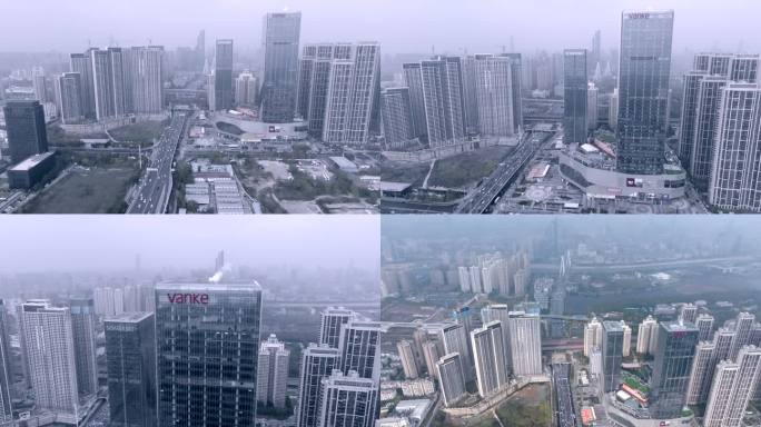 航拍武汉汉江区月湖桥车流远景 雾景