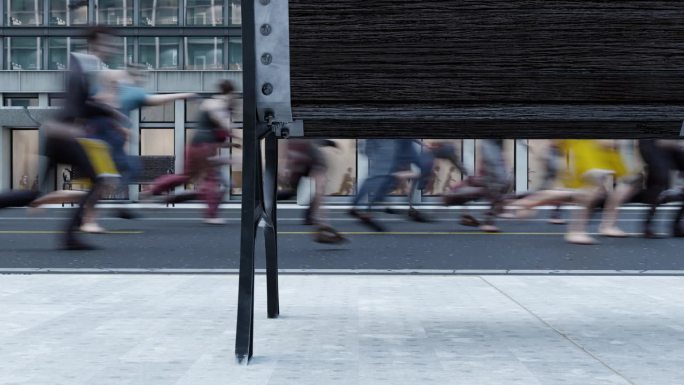 僵尸在街上跑。运行僵尸3d场景。在一个跑步的僵尸板凳后面看与运动模糊。躲避僵尸的攻击
