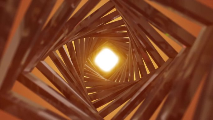 抽象的未来隧道背景动画。金色的宇宙隧道被柔和的光线包围，通向光之门。天堂隧道和楼梯。明亮阳光的科幻隧