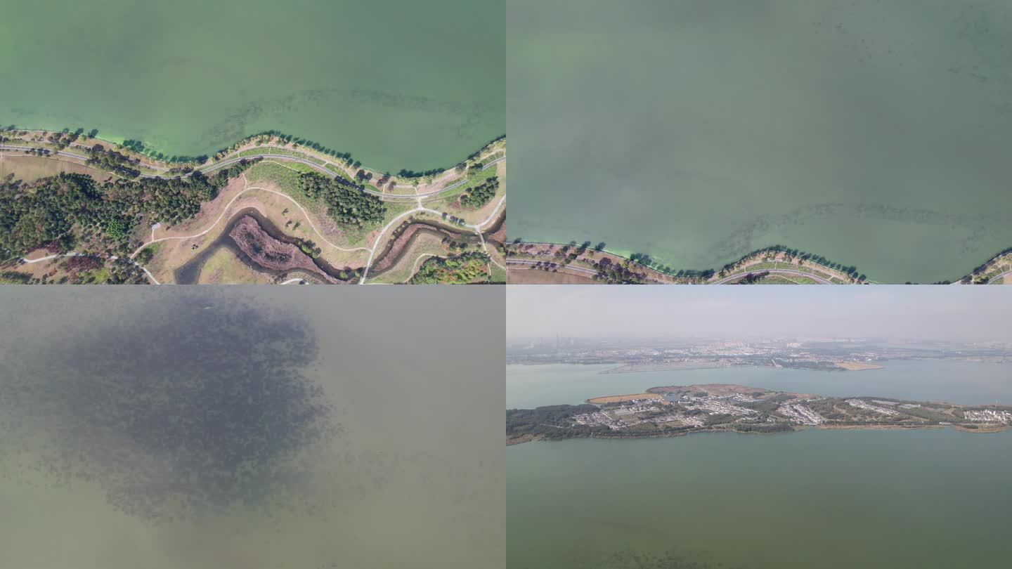 中国江苏省苏州，无人机在阳澄湖上空飞行。在阳光明媚的秋日鸟瞰苏州美丽的湖景，4k实时镜头。