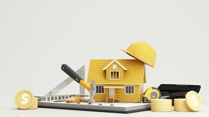 建造房屋和建筑保险或房地产保险的概念。工程造价估算及承包商和劳工的施工保证。3d渲染动画循环