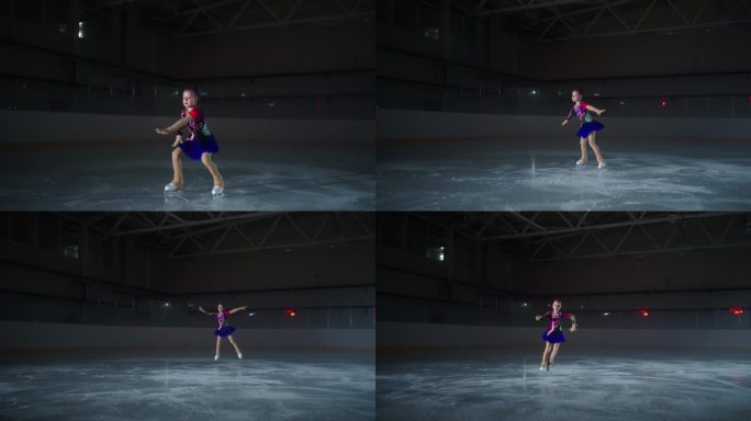 未来花样滑冰冠军，小女孩在运动场黑暗的溜冰场进行冰上训练