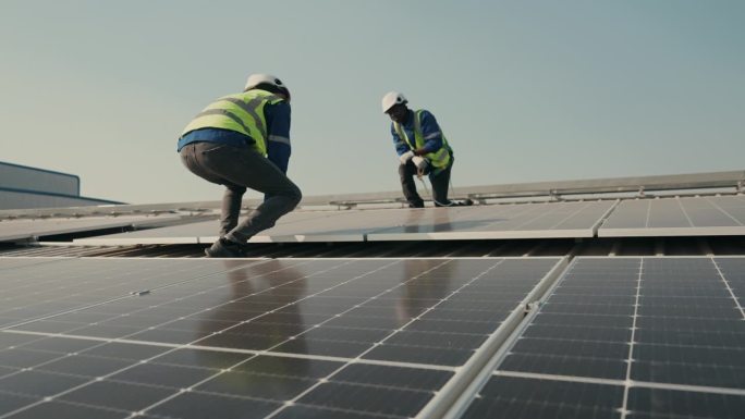 高效太阳能电池板检查:技术工人确保可再生能源的性能。