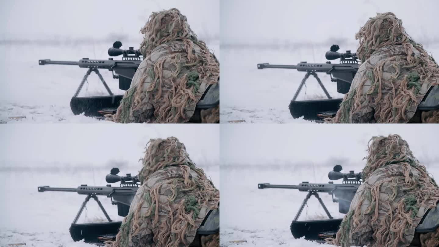 冬天的狙击手。执行任务的战斗狙击手。狙击武器。