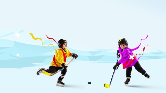 当代艺术。小孩子，穿着制服的曲棍球运动员，在明亮的背景下孤立。冬季运动。定格动画