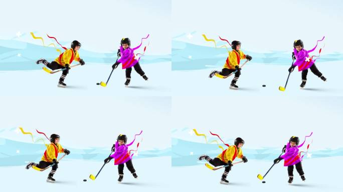 当代艺术。小孩子，穿着制服的曲棍球运动员，在明亮的背景下孤立。冬季运动。定格动画