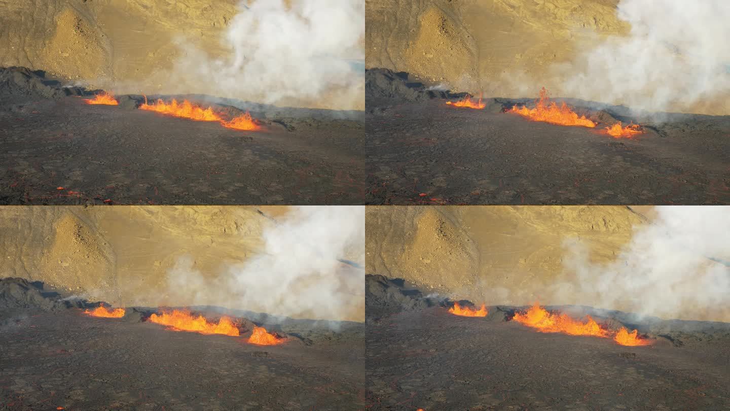 慢镜头拍摄的熔岩在火山口冒泡。岩浆从地下涌出。鸟瞰燃烧的熔岩和烟雾。非常热。