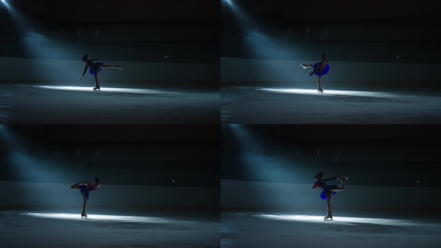 花样滑冰运动，小女孩在溜冰场上滑冰和旋转，慢动作镜头