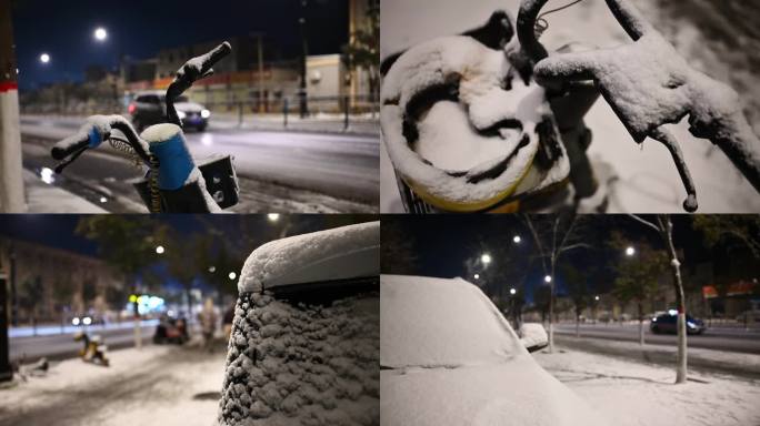 下雪城市道路夜景雪夜车流行人汽车路灯