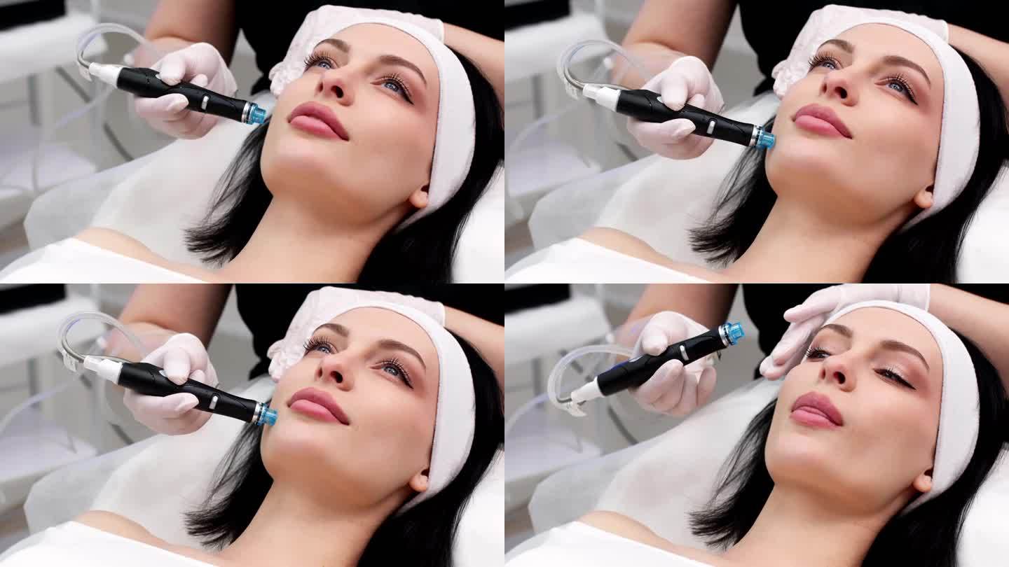 美容诊所。专业女美容师在工作时正在做面部补水手术。漂亮的女人躺在医疗床上做美容手术