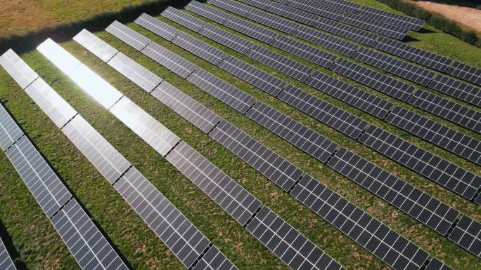 无人机拍摄的太阳能电池板在现场产生可再生的可持续能源