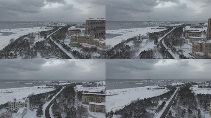 航拍威海小石岛湿地公园冬季雪后海岸风光