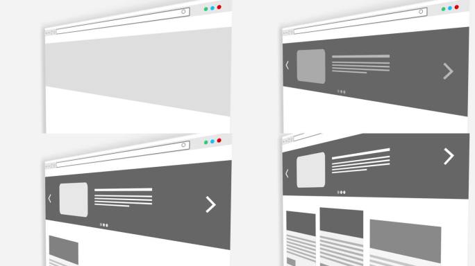 网页界面动画在白色背景。简单的网页设计与搜索栏，滑块，标题和内容。4K在线网站线框视频