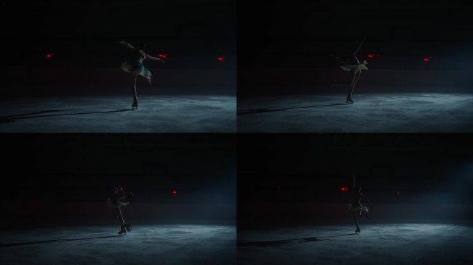 美女花样滑冰运动员在冰上跳舞在黑暗中，慢动作，花样滑冰，剪影