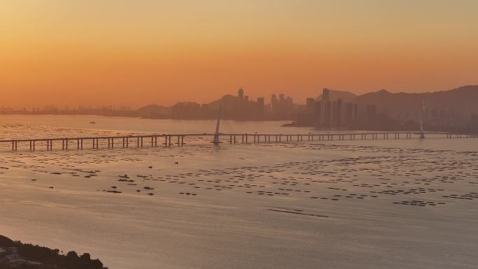夕阳下的深圳湾大桥