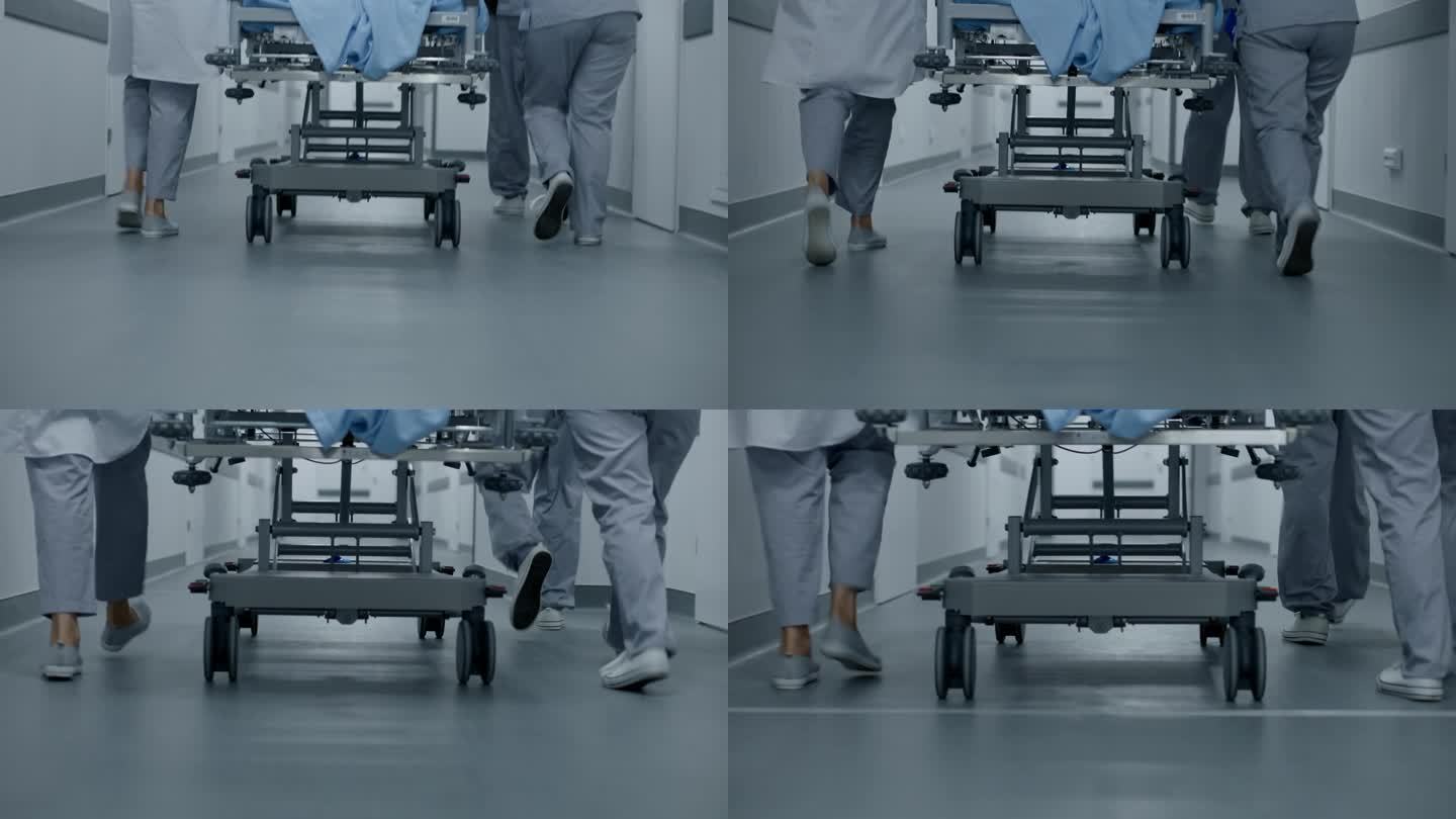 医生和护理人员用轮床抬着病人