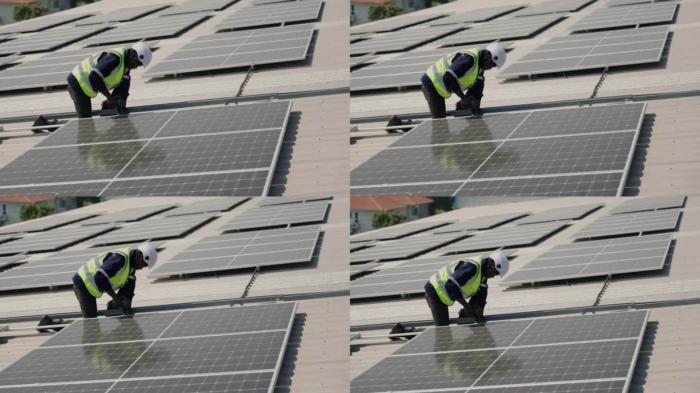 身着制服的非洲工程师在屋顶检查太阳能电池板，确保可持续能源和效率。