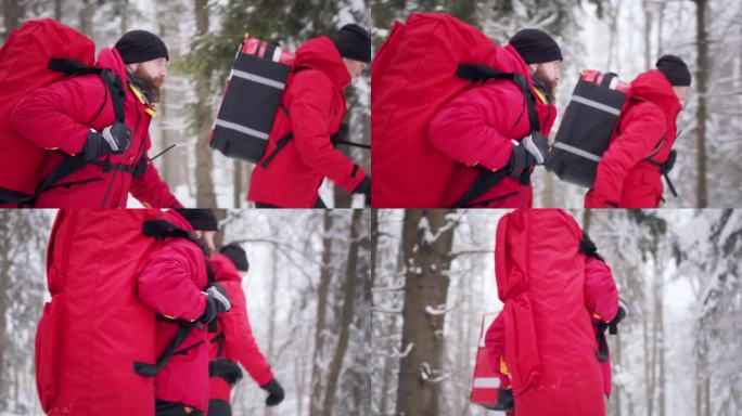 冬季在森林中进行户外登山救援服务的医护人员的侧视图。