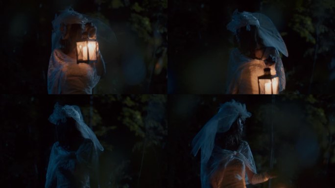 一位身穿白衣的妇女在夜晚提着一盏旧灯笼