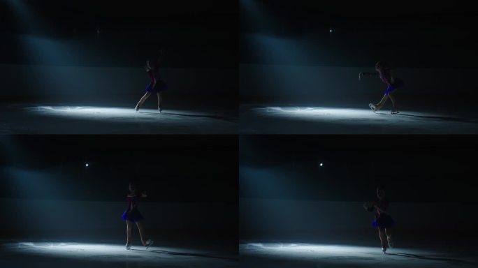 运动与儿童，在溜冰场滑冰的天才小女孩，黑暗中的剪影