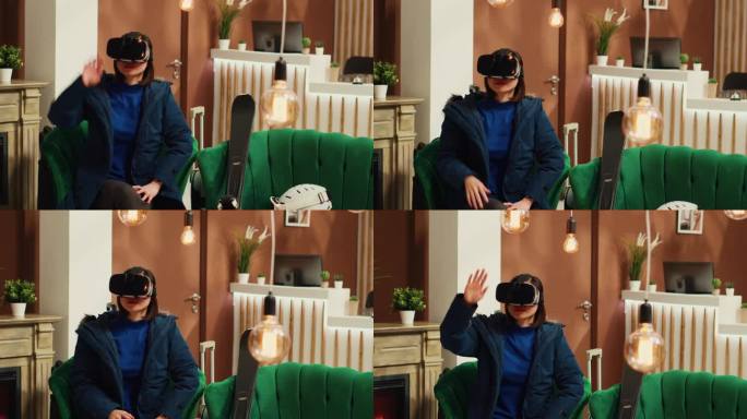 亚洲女孩在大厅用虚拟现实眼镜