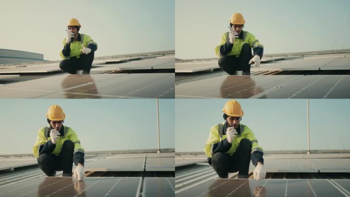 穿着制服的技术工人在可再生能源环境中检查太阳能电池板的峰值性能。