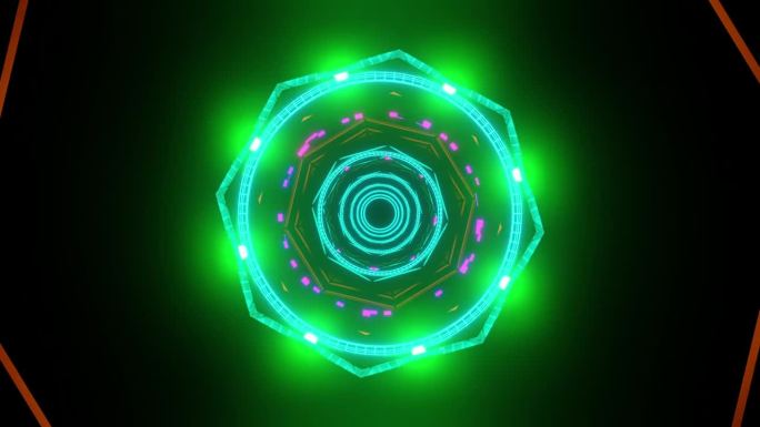 抽象的技术HUD网关到网络空间闪烁着五颜六色的耀目vj循环3D渲染。在外太空旅行。迪斯科，夜总会，音
