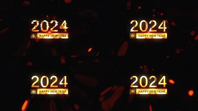 2024年新年快乐金色文字与辉光橙色散景效果电影标题预告动画背景。