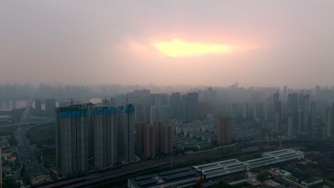 航拍武汉城市江景黎明天空霞光