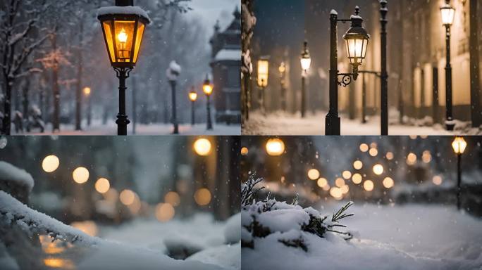 城市夜晚雪景  夜晚下雪 路灯 思念孤独