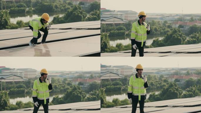 高效运行:亚洲工程师检查屋顶上的光伏太阳能电池板是否可持续发电。