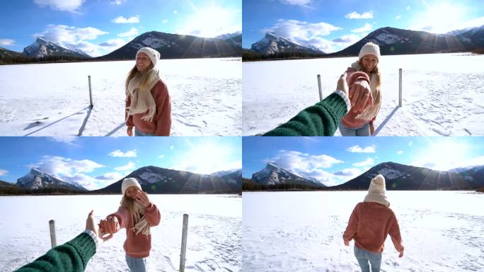 跟我来概念;加拿大，一名年轻女子带着男友前往冰封的冰湖