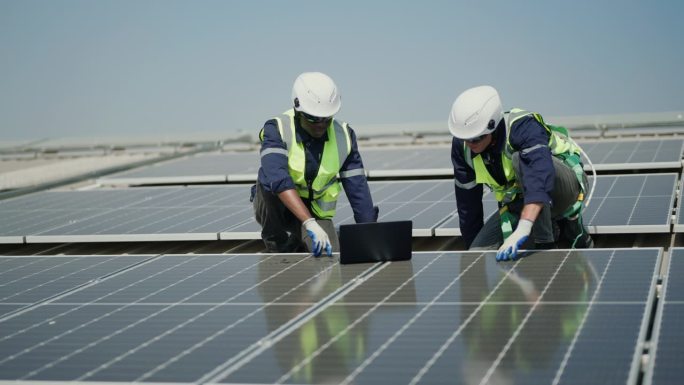 可再生能源的团队合作:技术工人检查屋顶上的太阳能电池板的效率和可持续性。