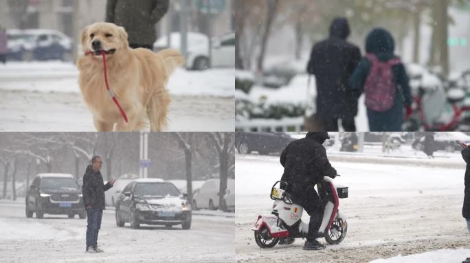 雪天城市行人 冬天出行 城市雪景