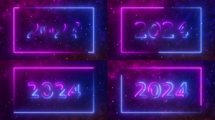 2024年新年快乐。霓虹蓝和紫色2024穿越恒星场的太空超新星发出五颜六色的光。空间星云运动图形与恒