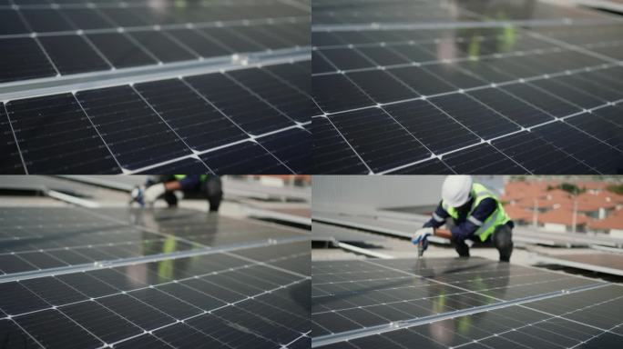 利用太阳能创造更绿色的明天:非洲工人检查可再生能源工厂的光伏板。