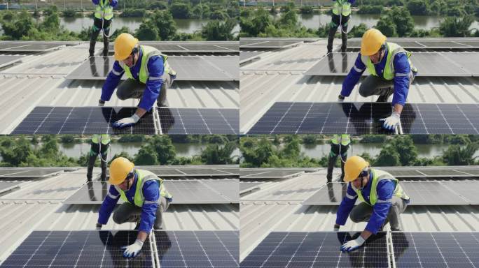 行动中的团队合作:技术专家评估屋顶上可持续能源发电的光伏太阳能电池板。