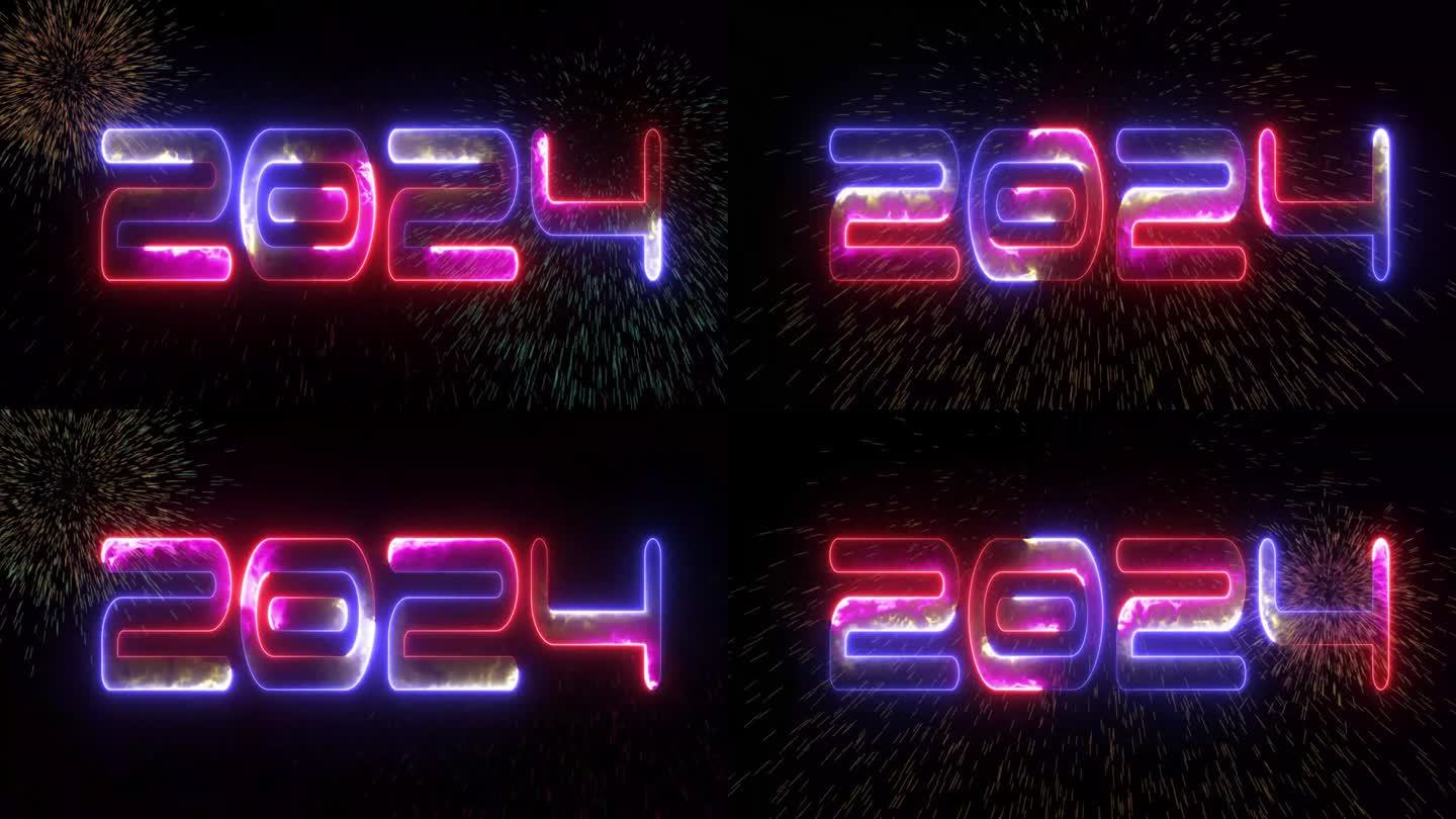 发光的霓虹灯文本图标2024与粒子爆炸动画视频