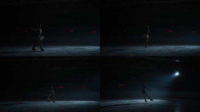 迷人的冰上舞蹈表演，美丽的花样滑冰女选手在黑暗中跳舞，剪影